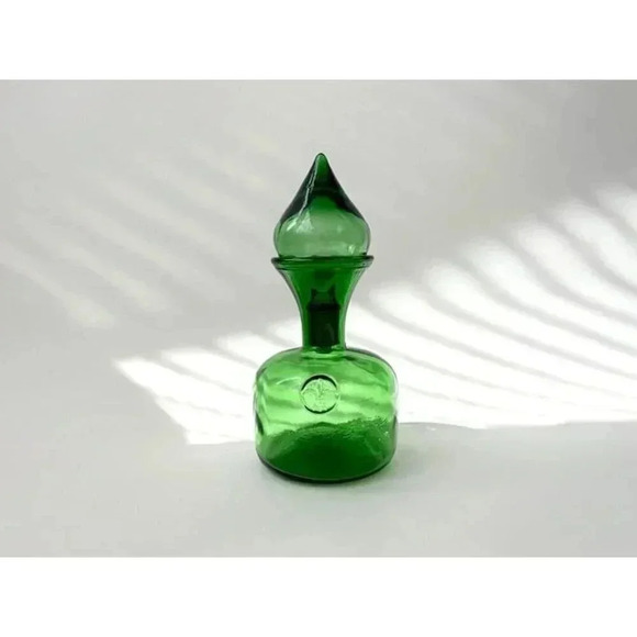Vintage MCM Italian Empoli Glass Decanter W/ Stopper & Fluer de Lis Symbol Embos